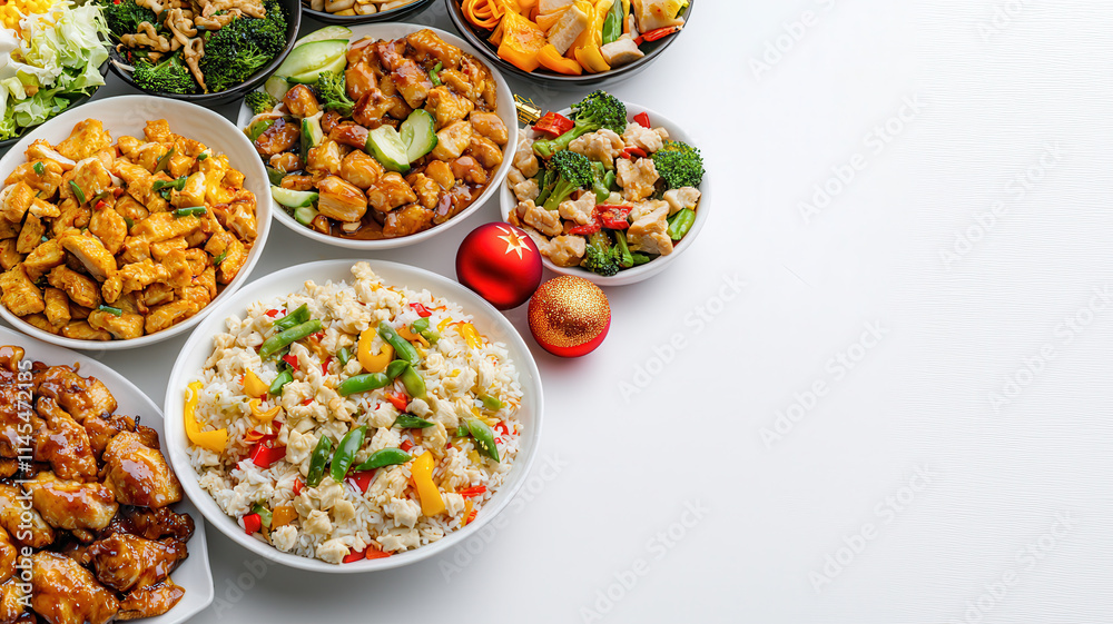 Chinese New Year Concept. festive buffet with colorful Chinese dishes and rice Chinese New Year Concept. festive buffet with colorful Chinese dishes and rice