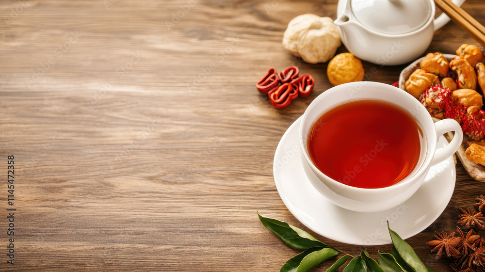 Chinese New Year Concept. warm cup of tea with herbs and spices on wooden table Chinese New Year Concept. warm cup of tea with herbs and spices on wooden table