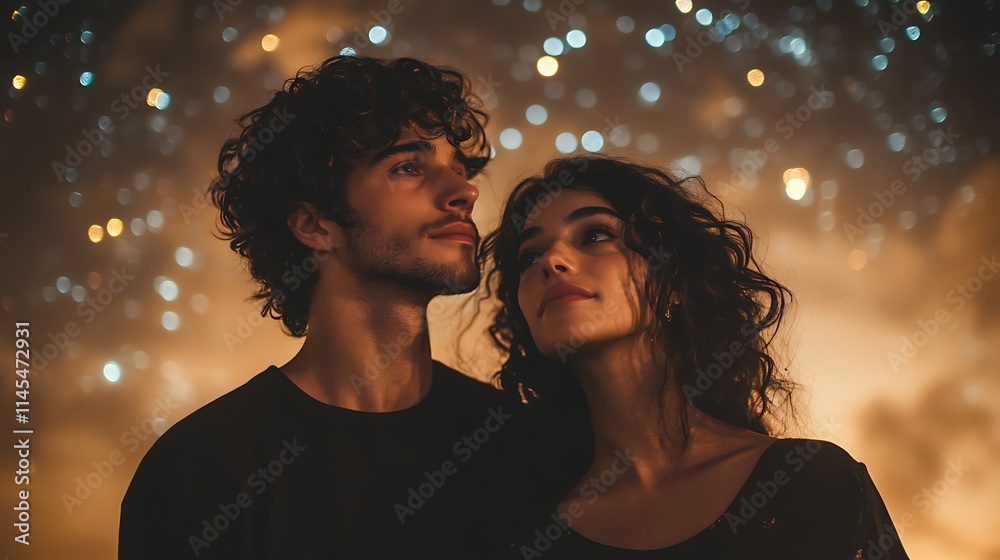 Young Couple Gazing Upwards Against A Sparkling Night Sky Young Couple Gazing Upwards Against A Sparkling Night Sky