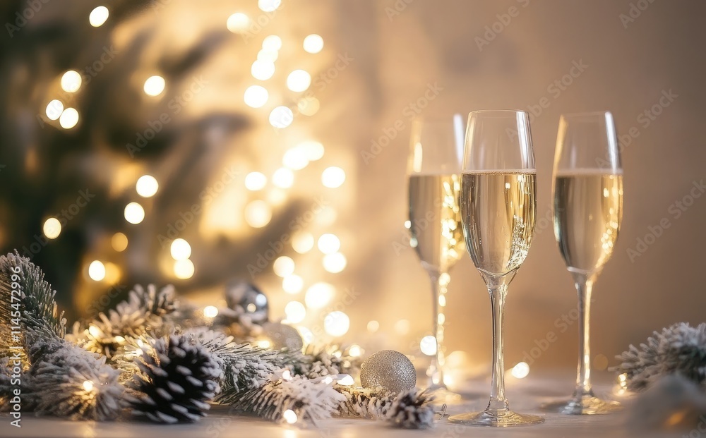 Christmas and New Year's background with champagne glasses, bokeh lights, and festive decorations. Includes copy space for text or design, perfect for holiday celebrations and seasonal themes Christmas and New Year's background with champagne glasses, bokeh lights, and festive decorations. Includes copy space for text or design, perfect for holiday celebrations and seasonal themes