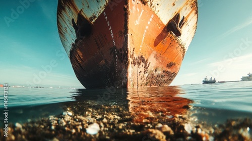 Rusty Ship Bow Under Water: A weathered cargo ship's bow cuts through the water, its rust-covered hull contrasting with the vibrant blue sky above.