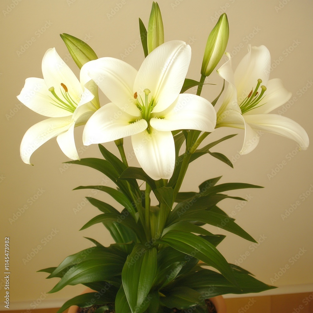 Fototapeta premium Elegant White Lilies in a Pot, Peaceful Home Decor
