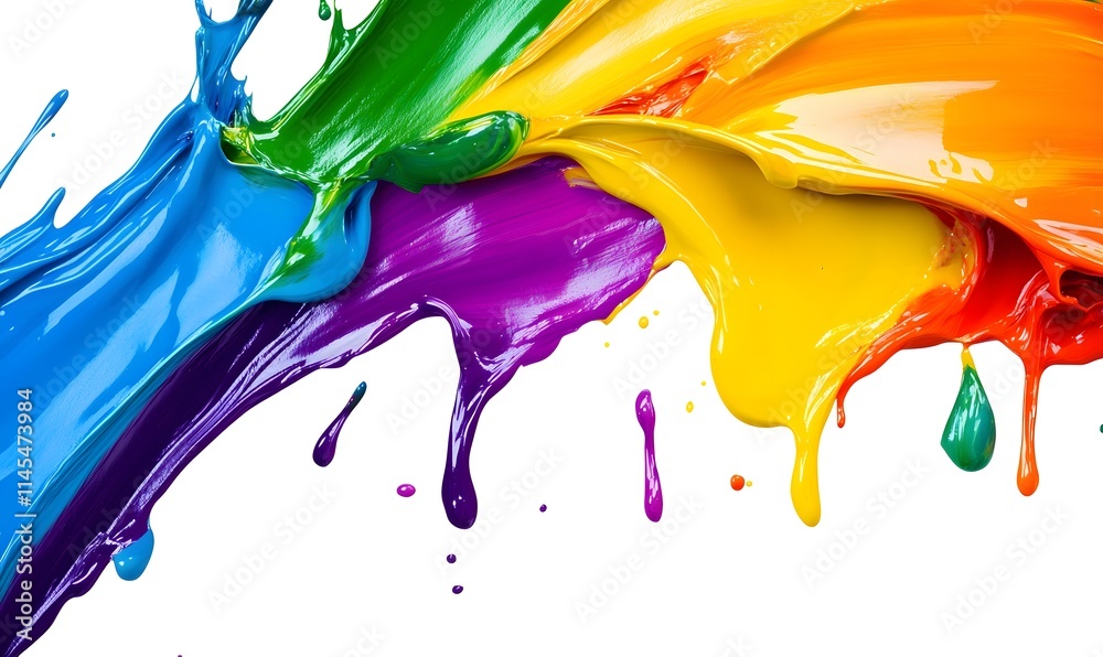 Fototapeta premium Colorful paint splashes and drips isolated on white.