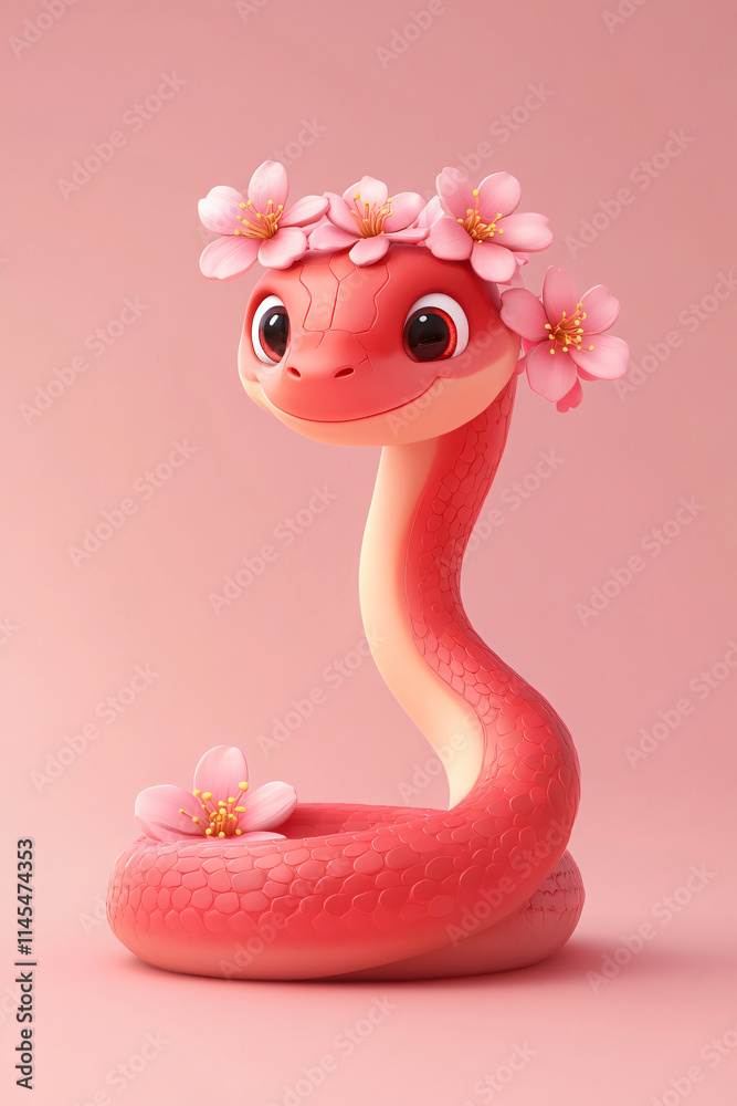 Fototapeta premium Snake and flower combination cartoon illustration background on red background