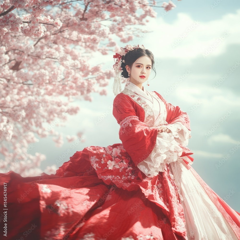 Elegant Woman in Traditional Red Hanfu Dress Under Cherry Blossoms Elegant Woman in Traditional Red Hanfu Dress Under Cherry Blossoms