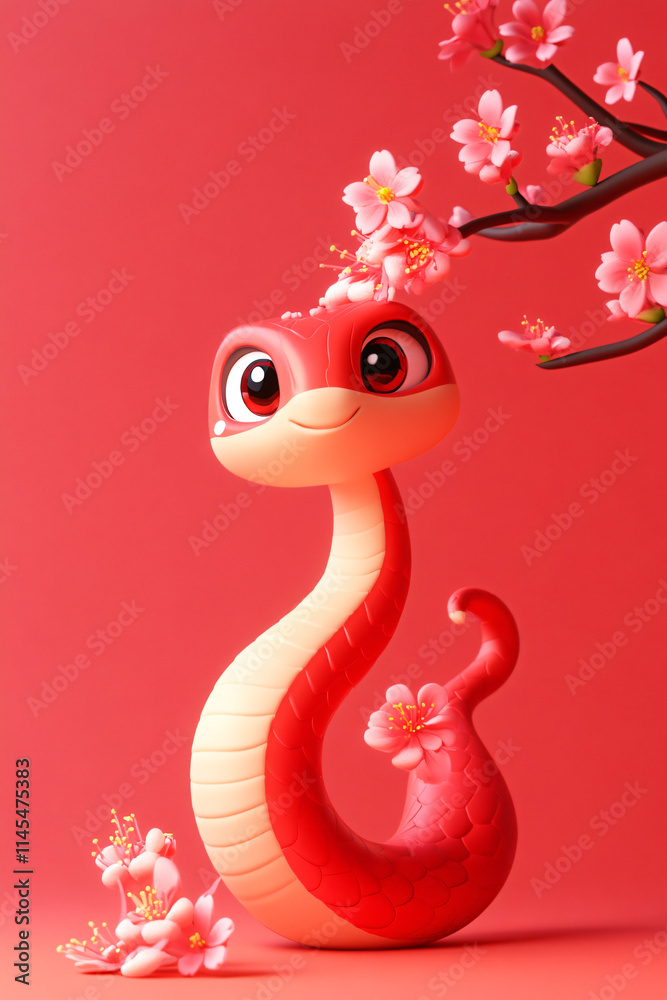 Fototapeta premium Snake and flower combination cartoon illustration background on red background