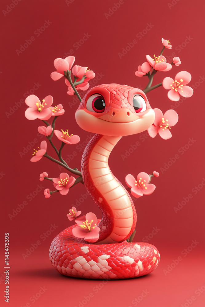 Fototapeta premium Snake and flower combination cartoon illustration background on red background