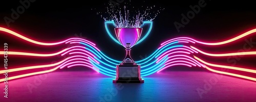 Sports drinks idea. A glowing trophy with vibrant light trails, symbolizing victory and achievement. photo