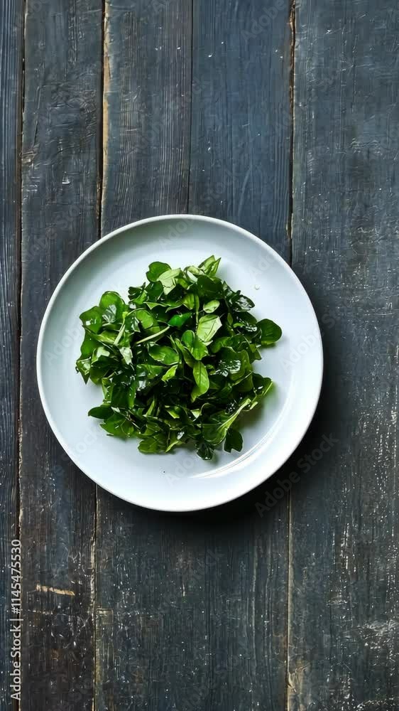 Fresh green salad served on a white plate arranged on a rustic wooden table in natural light Fresh green salad served on a white plate arranged on a rustic wooden table in natural light