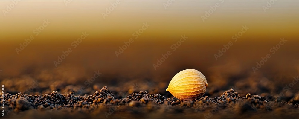 Macro natural concept. A close-up view of a shell resting on a sandy beach at sunset, showcasing natural beauty.
