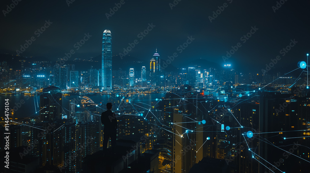 Obraz premium Smart digital city with connection cyber security network reciprocity over the cityscape . future smart wireless digital city and social media networking systems that connects people within the city