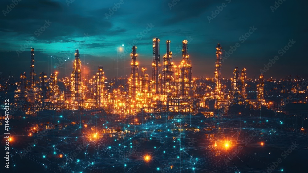 Industrial skyline with glowing lights and networks. Industrial skyline with glowing lights and networks.