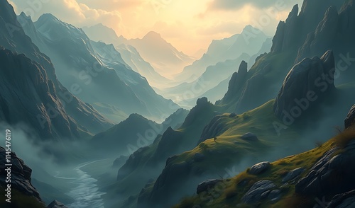 Mistily descending mountain ranges digital painting fantasy-inspired style. AI Generated photo