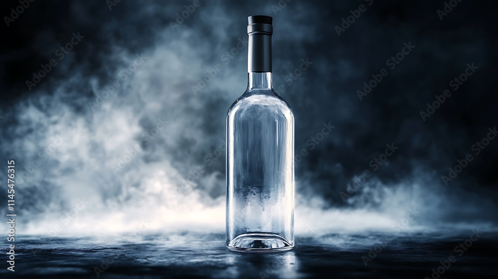 Gleaming clear glass bottle mockup sits amid smoky clouds wide photo. AI Generated Gleaming clear glass bottle mockup sits amid smoky clouds wide photo. AI Generated