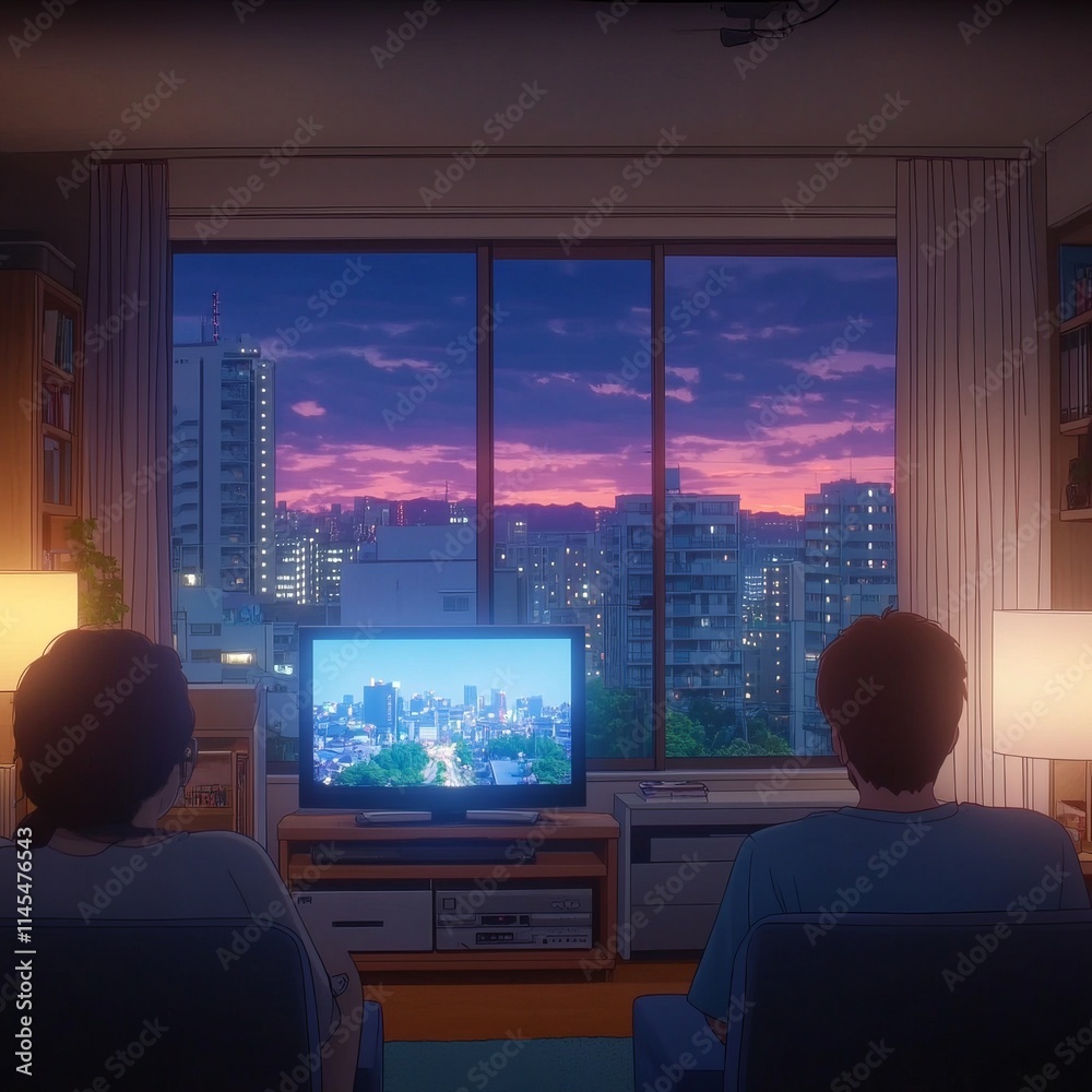 Evening Cityscape Viewed from Cozy Apartment Living Room Evening Cityscape Viewed from Cozy Apartment Living Room