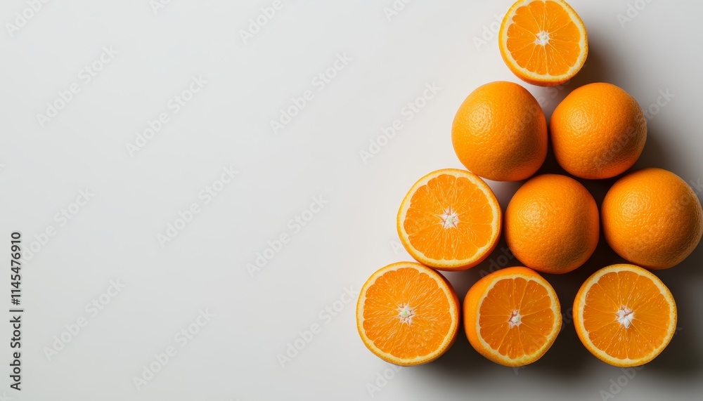 Pyramid of oranges with halves revealing vibrant flesh