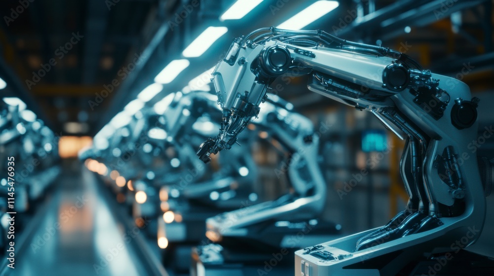 Fototapeta premium The Future of Production: A row of robotic arms in a futuristic factory, each working diligently and seamlessly. A powerful image of automation, efficiency.