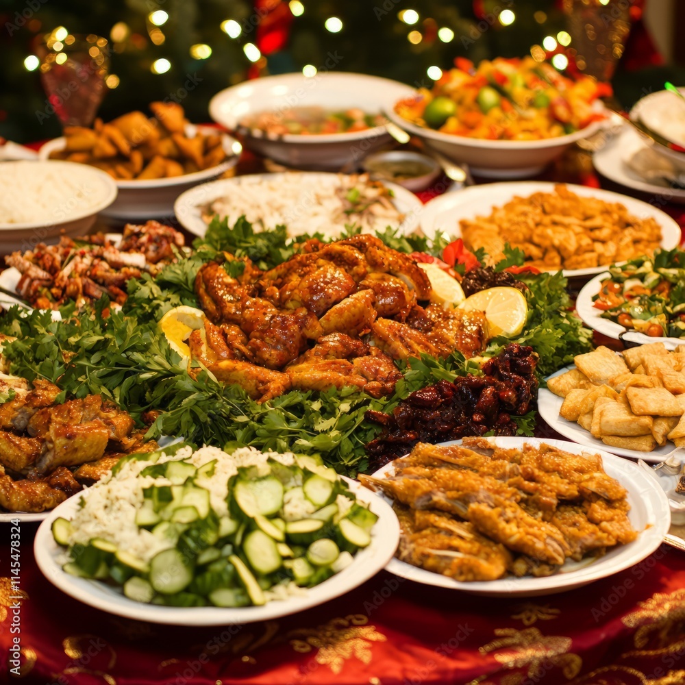 Festive Christmas Dinner Table with Abundant Food Variety Festive Christmas Dinner Table with Abundant Food Variety