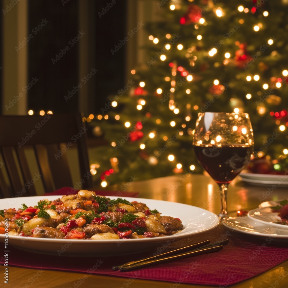 Festive Christmas Dinner with Wine and Delicious Food Festive Christmas Dinner with Wine and Delicious Food