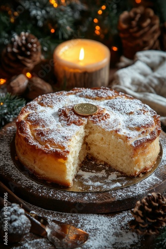 A serving of Vasilopita, the Greek New Year’s Eve cake, with a coin hidden inside. The cake is, Generative AI  photo