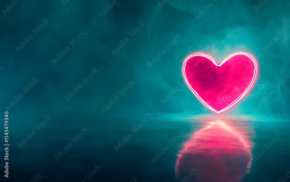 A glowing neon pink heart light isolated on a dark teal background, vibrant tones with space for text placement A glowing neon pink heart light isolated on a dark teal background, vibrant tones with space for text placement