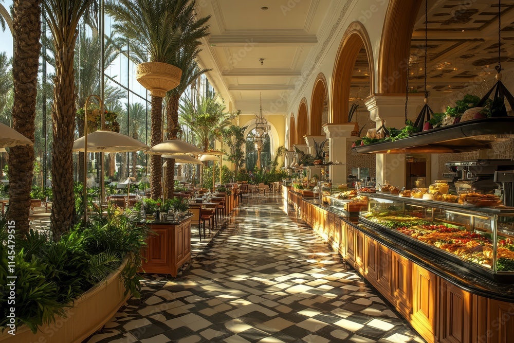 Luxurious hotel restaurant with buffet, palm trees, and checkered floor. Showcase elegant dining and lavish breakfast spreads. Luxurious hotel restaurant with buffet, palm trees, and checkered floor. Showcase elegant dining and lavish breakfast spreads.