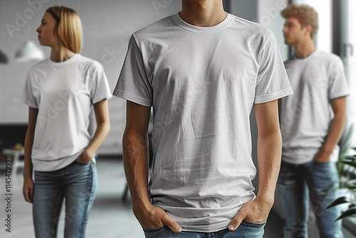 A young man in a simple white t-shirt stands in the foreground, with two other people blurred in the background.  Neutral colors create a clean aesthetic.