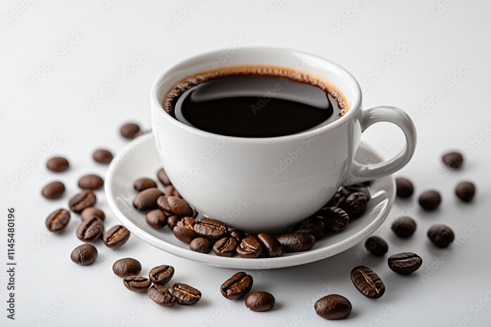 Fototapeta premium A white cup of black coffee sits on a saucer surrounded by coffee beans on a white background.