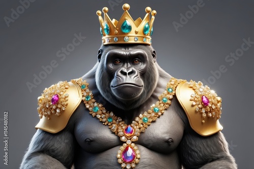 Majestic gorilla wearing a gold crown and jewels. photo