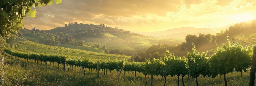 Obraz premium Serene vineyard landscape at sunset, showcasing rolling hills and lush grapevines.