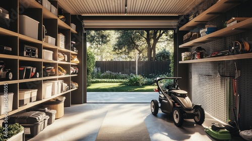 A tidy garage with tools and a lawnmower, leading to a lush garden outside.