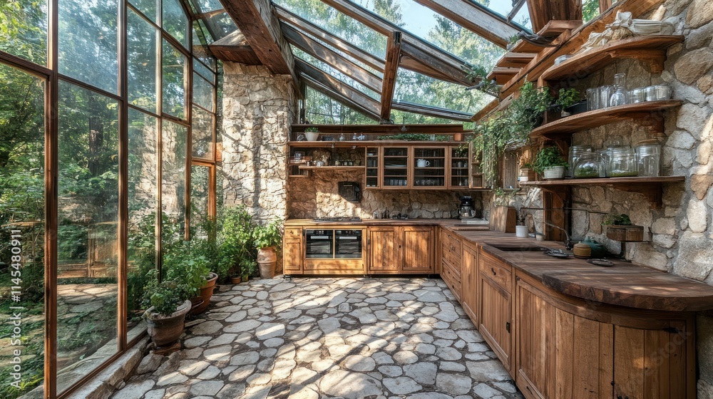 Sunlit rustic kitchen in stone and wood conservatory. Sunlit rustic kitchen in stone and wood conservatory.