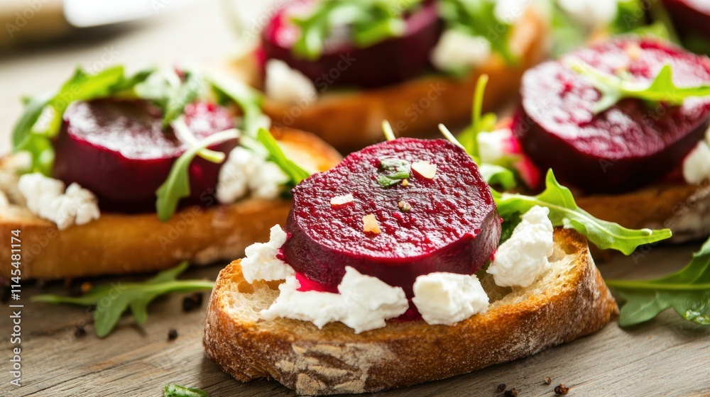 A close-up of toasted bread topped with beet slices, goat cheese, and arugula. A close-up of toasted bread topped with beet slices, goat cheese, and arugula.