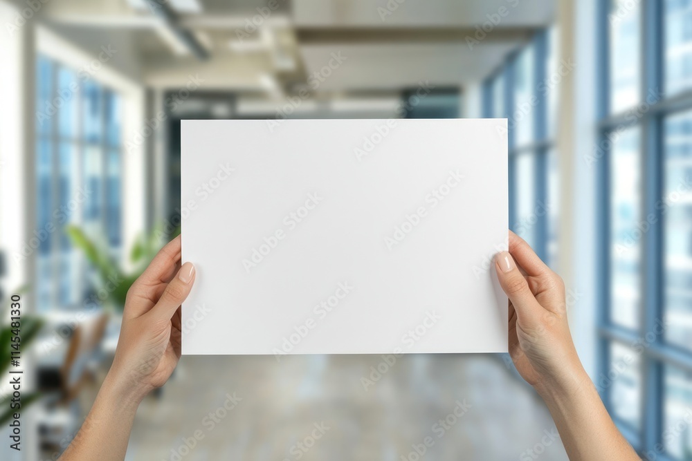 A person holding a blank sheet of paper in a modern office setting. A person holding a blank sheet of paper in a modern office setting.