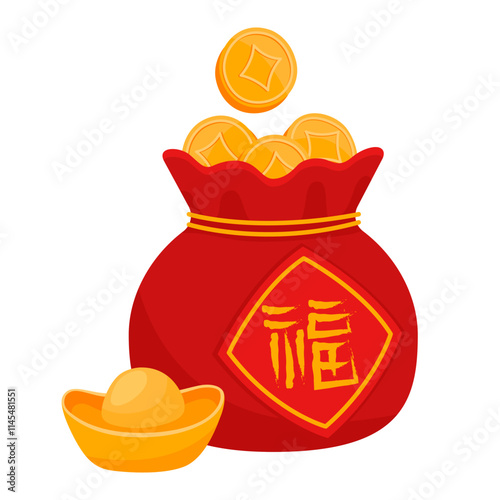 Red traditional chinese red pouch with gold coins and gold bar. Symbols of wealth, prosperity, luck. Chinese New Year, Lunar New Year, Tet.