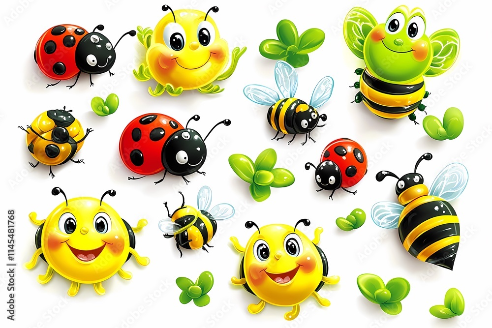 Obraz premium Playful Cartoon Insects and Smiling Bees on Bright Background