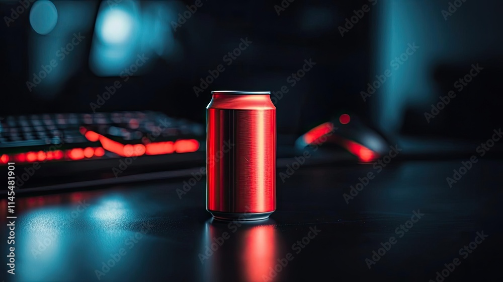 Sports drinks idea. A vibrant red soda can on a dark desk with glowing gaming keyboard in the background. Sports drinks idea. A vibrant red soda can on a dark desk with glowing gaming keyboard in the background.