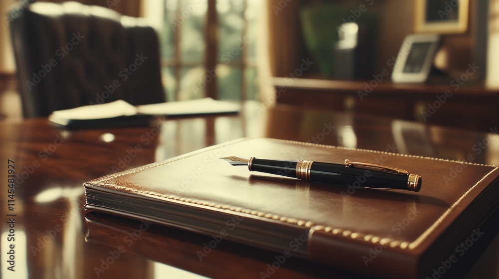 A close-up of a leather-bound notebook and a fountain pen on a polished desk. A close-up of a leather-bound notebook and a fountain pen on a polished desk.