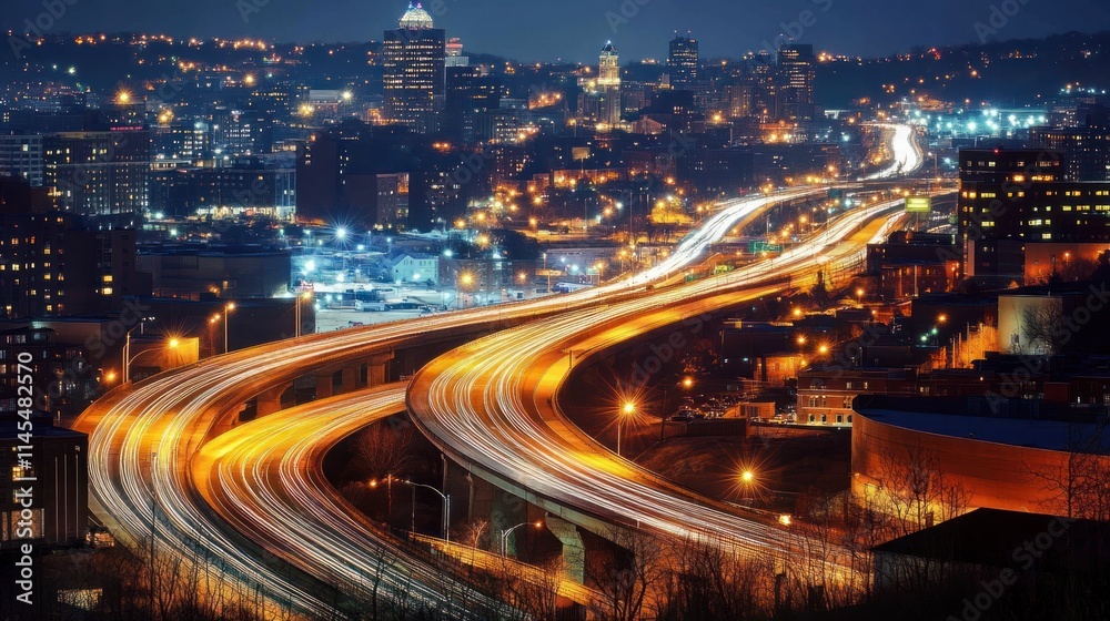 A night cityscape showcasing illuminated highways and urban buildings. A night cityscape showcasing illuminated highways and urban buildings.