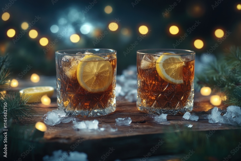 Two glasses of iced tea with lemon slices, surrounded by ice and festive lights. Two glasses of iced tea with lemon slices, surrounded by ice and festive lights.