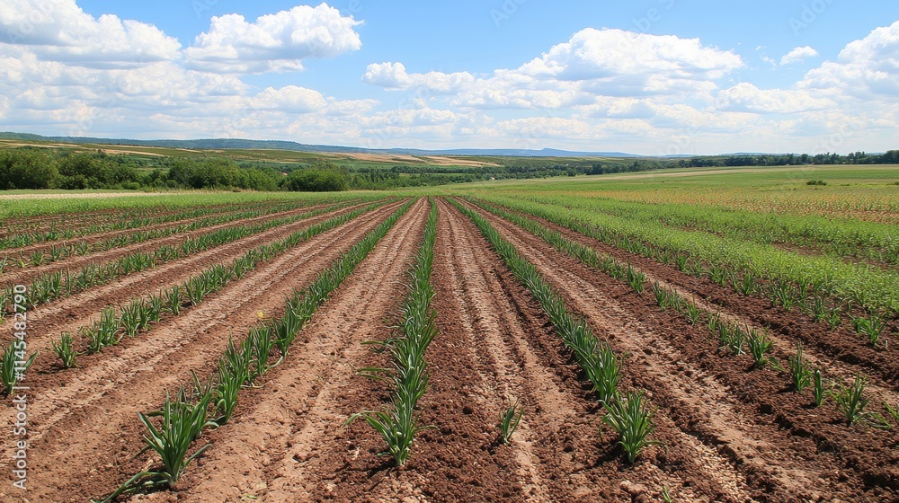 Rows of young onion plants in a field. Illustrates agriculture, farming, and food production. Rows of young onion plants in a field. Illustrates agriculture, farming, and food production.