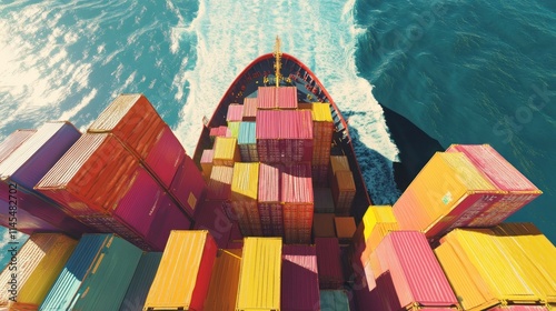 Aerial view of a cargo ship loaded with colorful shipping containers navigating through water. photo