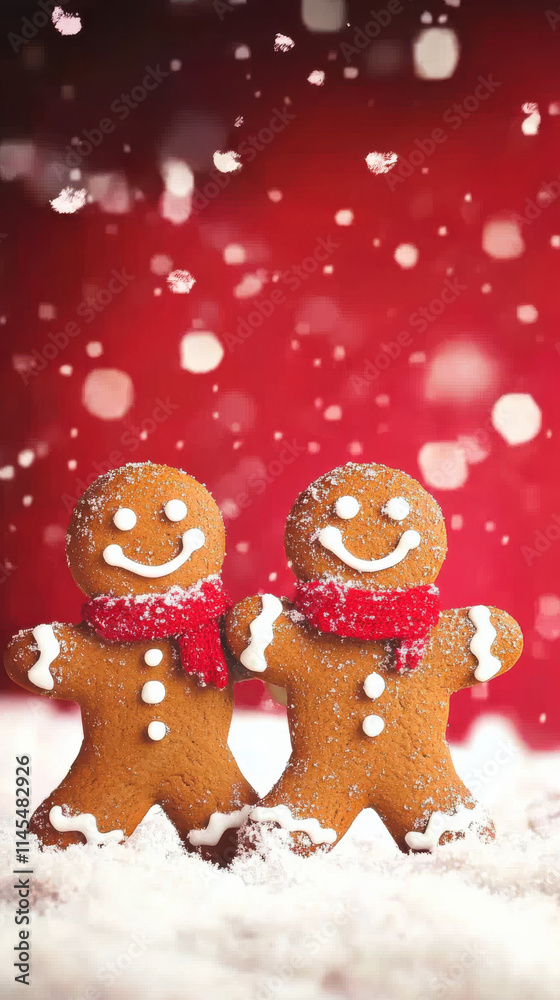 Two humanoid chocolate cookies standing in the snow, with a red Christmas background Two humanoid chocolate cookies standing in the snow, with a red Christmas background