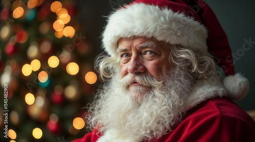 Jolly Santa Claus Relaxing in Cozy Armchair by Decorated Christmas Tree Holiday Illustration