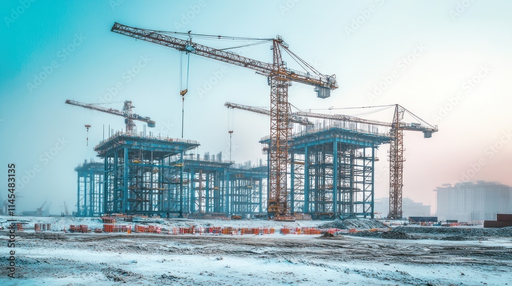 Construction site with cranes and building structures in a frosty environment. Construction site with cranes and building structures in a frosty environment.