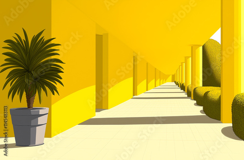 A yellow hallway with a plant in a yellow pot. The hallway is empty and the plant is the only thing in the scene
