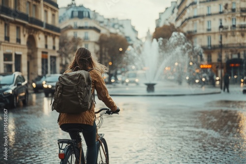 A cyclist rides through a rainy Paris street, passing a fountain and city buildings. photo