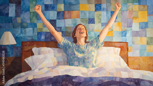 Serene Woman Stretching in Bed at Sunrise: 2D Art Depicting a Calm Morning Routine photo