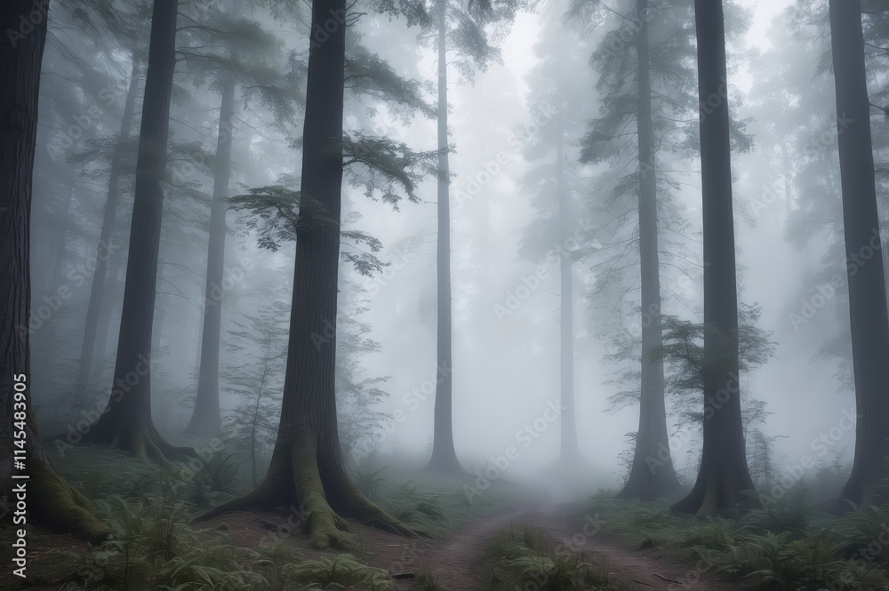 Fototapeta premium Misty forest path with tall trees and moss.