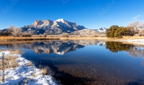 Serene mountain landscape reflecting in a calm lake under clear skies.